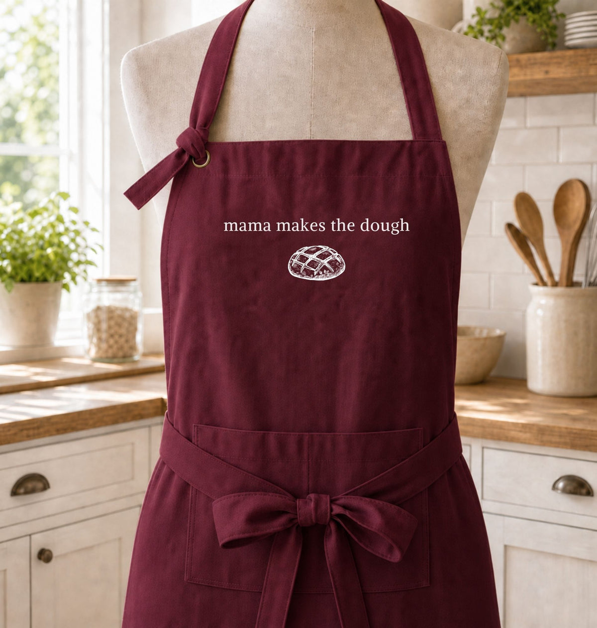 A burgundy kitchen apron displayed on a mannequin torso in a bright, white-tiled kitchen. The apron features the white embroidered text 'mama makes the dough' and a small white bread graphic on the chest, along with a matching waist tie and front pocket.