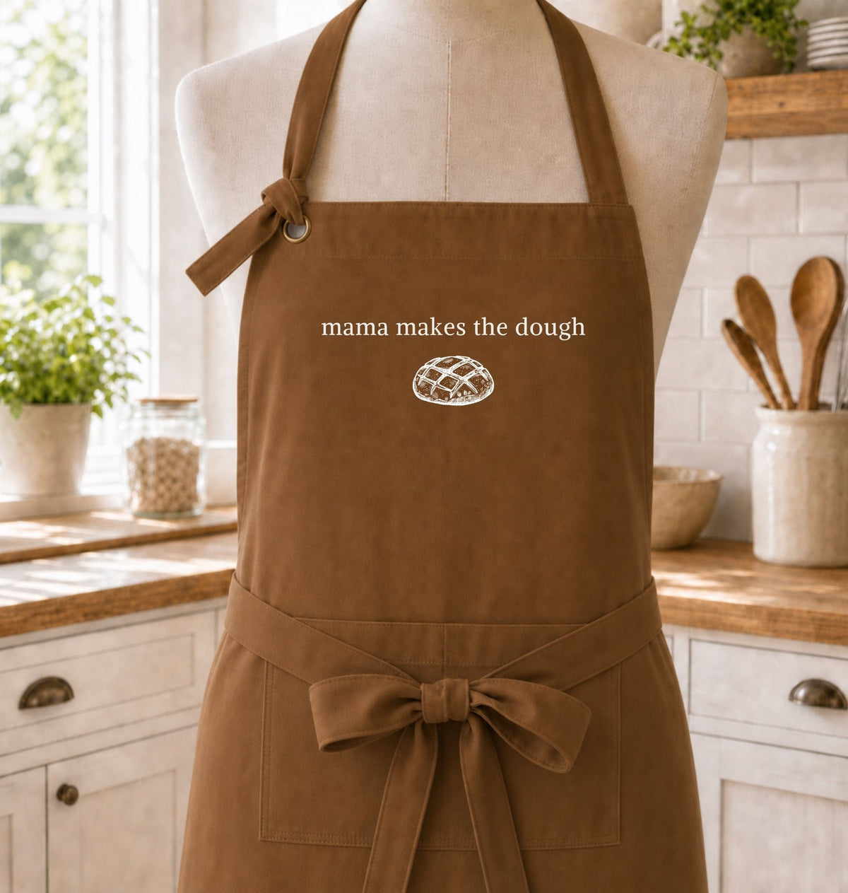 A brown apron displayed on a mannequin torso in a bright kitchen setting. The apron has white text reading 'mama makes the dough' above a small white bread graphic, and a front tie belt with a bow.