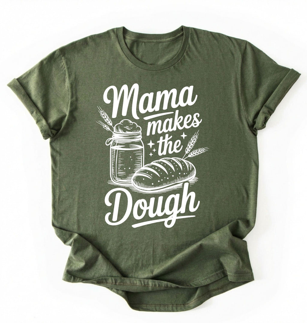 Flay lay of a green Mama makes the dough shirt with bread and jar illustration funny baking mom gift white t-shirt on a white background