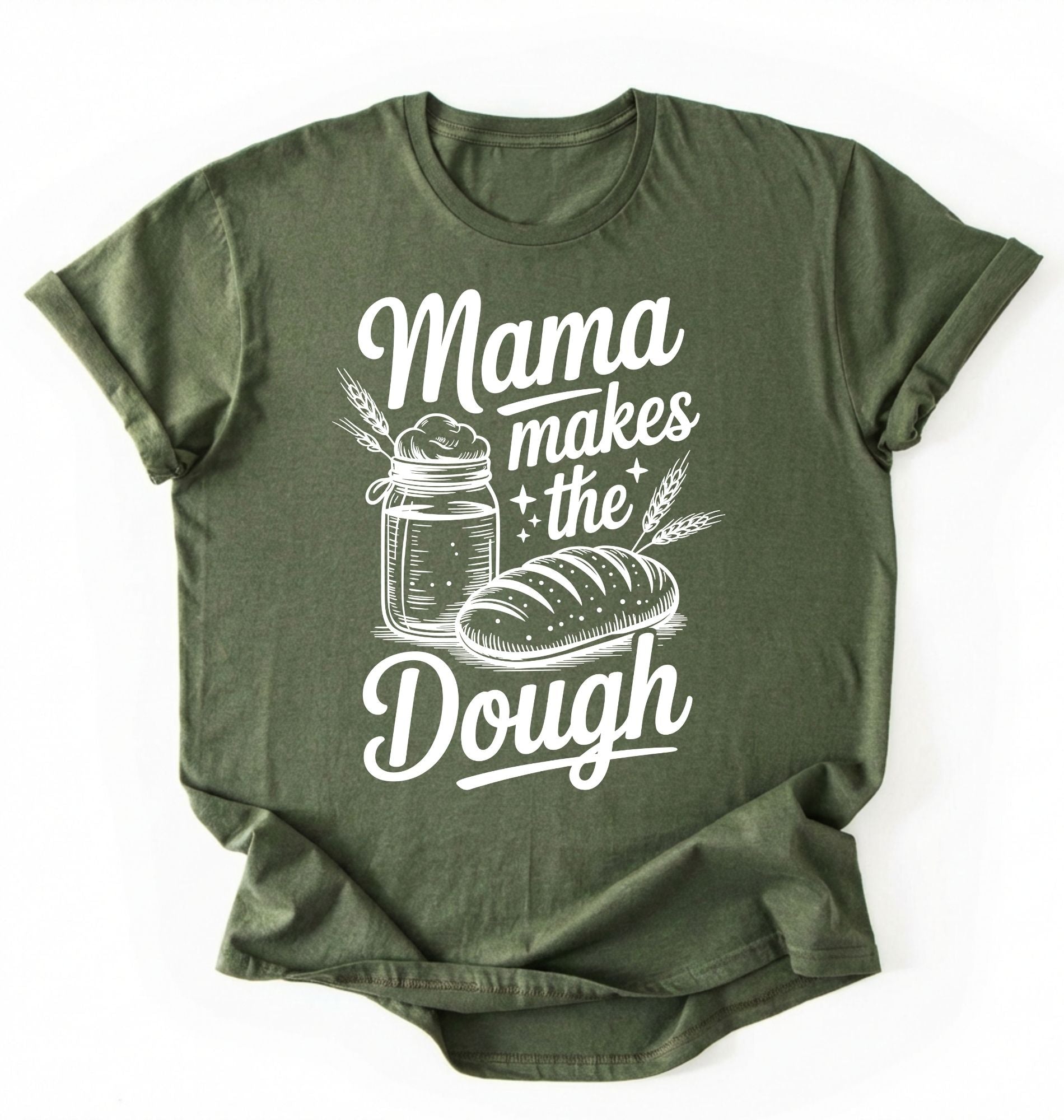 Flay lay of a green Mama makes the dough shirt with bread and jar illustration funny baking mom gift white t-shirt on a white background