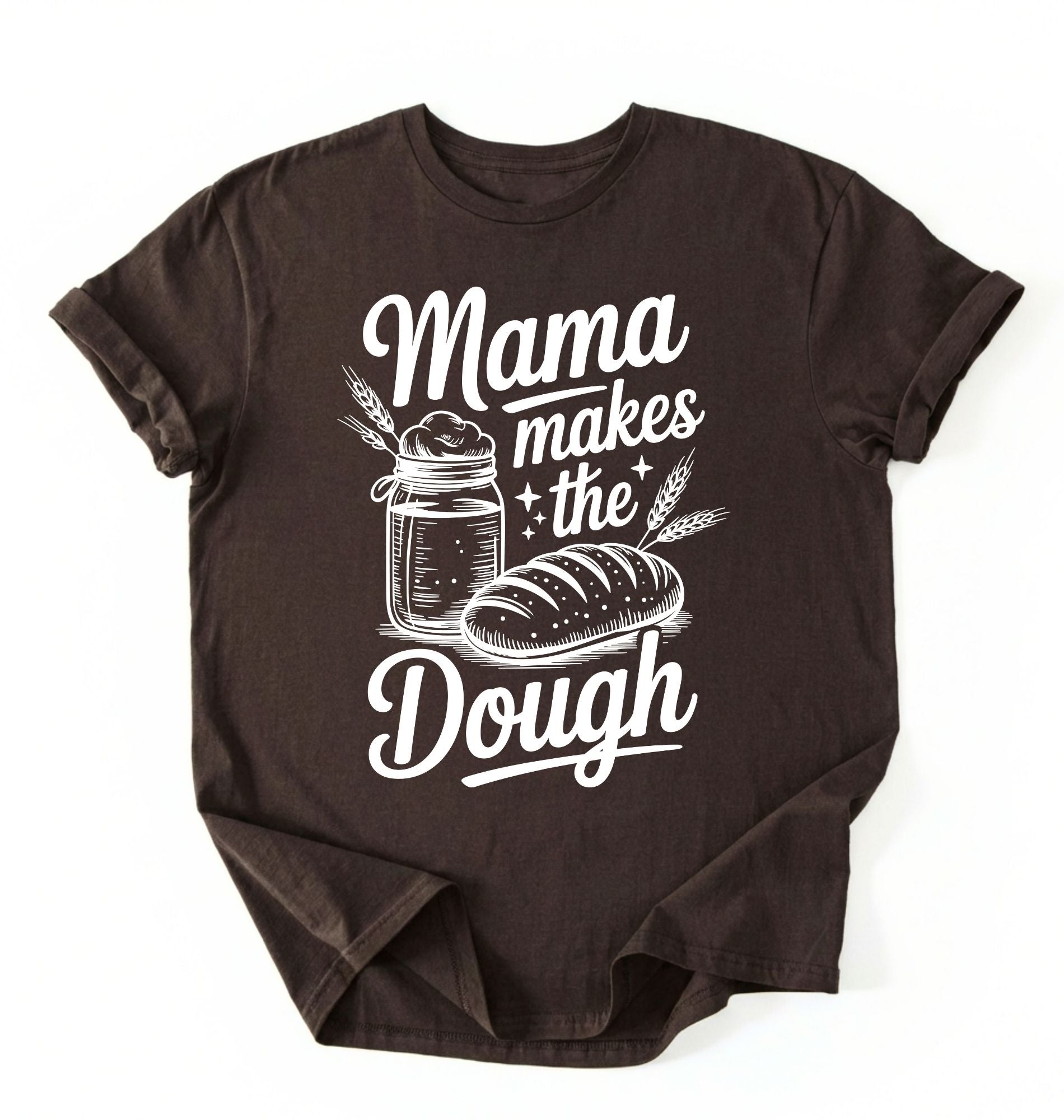 Flay lay of a dark chocolate Mama makes the dough shirt with bread and jar illustration funny baking mom gift white t-shirt on a white background