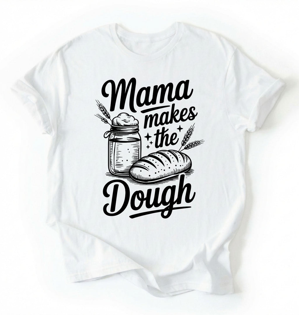 Flay lay of a white Mama makes the dough shirt with bread and jar illustration funny baking mom gift white t-shirt on a white background