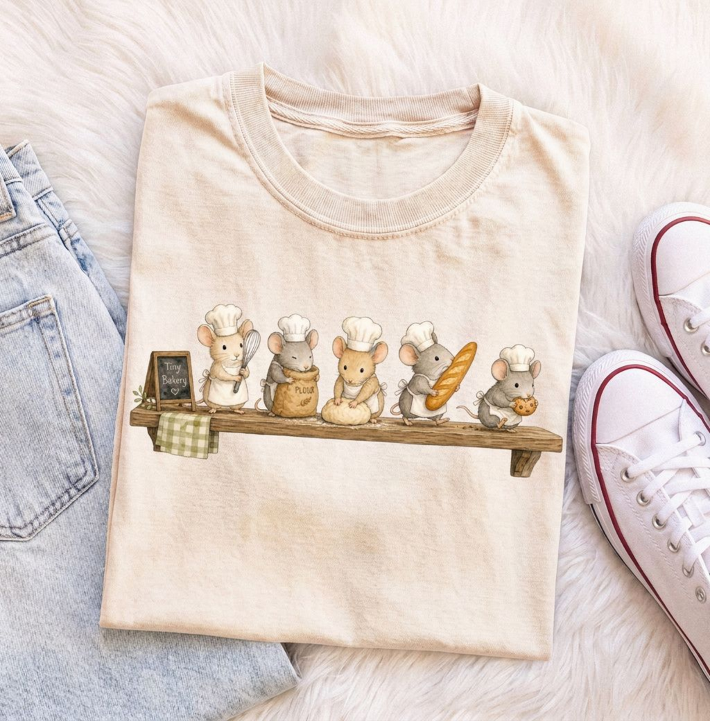 A folded cream-colored t-shirt with a cute graphic of five mice dressed as chefs on a wooden shelf, styled on a white faux fur background with light-wash jeans and white sneakers.