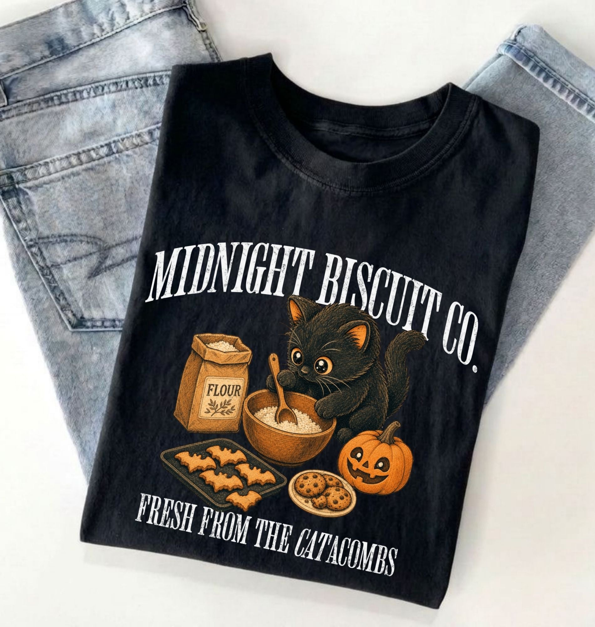 A folded black graphic T-shirt laid flat on a white surface with light blue jeans partially visible behind it. The shirt features a Halloween-themed print with the text 'MIDNIGHT BISCUIT CO.