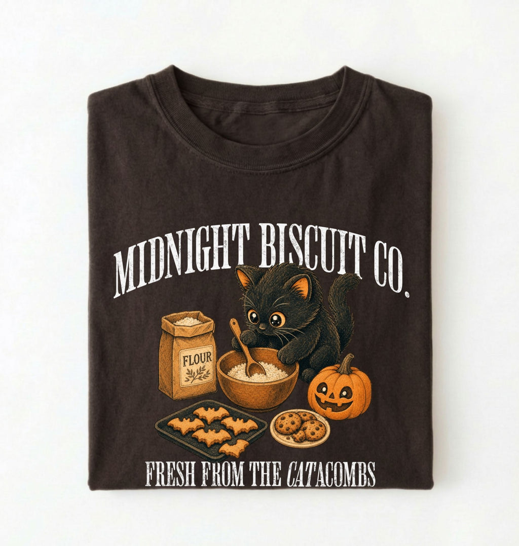 A dark brown folded t-shirt with a Halloween-themed graphic print featuring a black cat, a pumpkin, cookies, and a flour sack with the text 'MIDNIGHT BISCUIT CO. FRESH FROM THE CATACOMBS'.