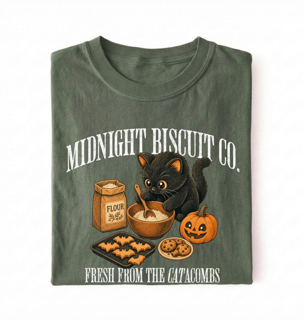 A folded dark olive green t-shirt on a white background, featuring a graphic print of a black cat mixing dough next to a flour sack, pumpkin, and cookies, with the text 'MIDNIGHT BISCUIT CO.' and 'FRESH FROM THE CATACOMBS'.