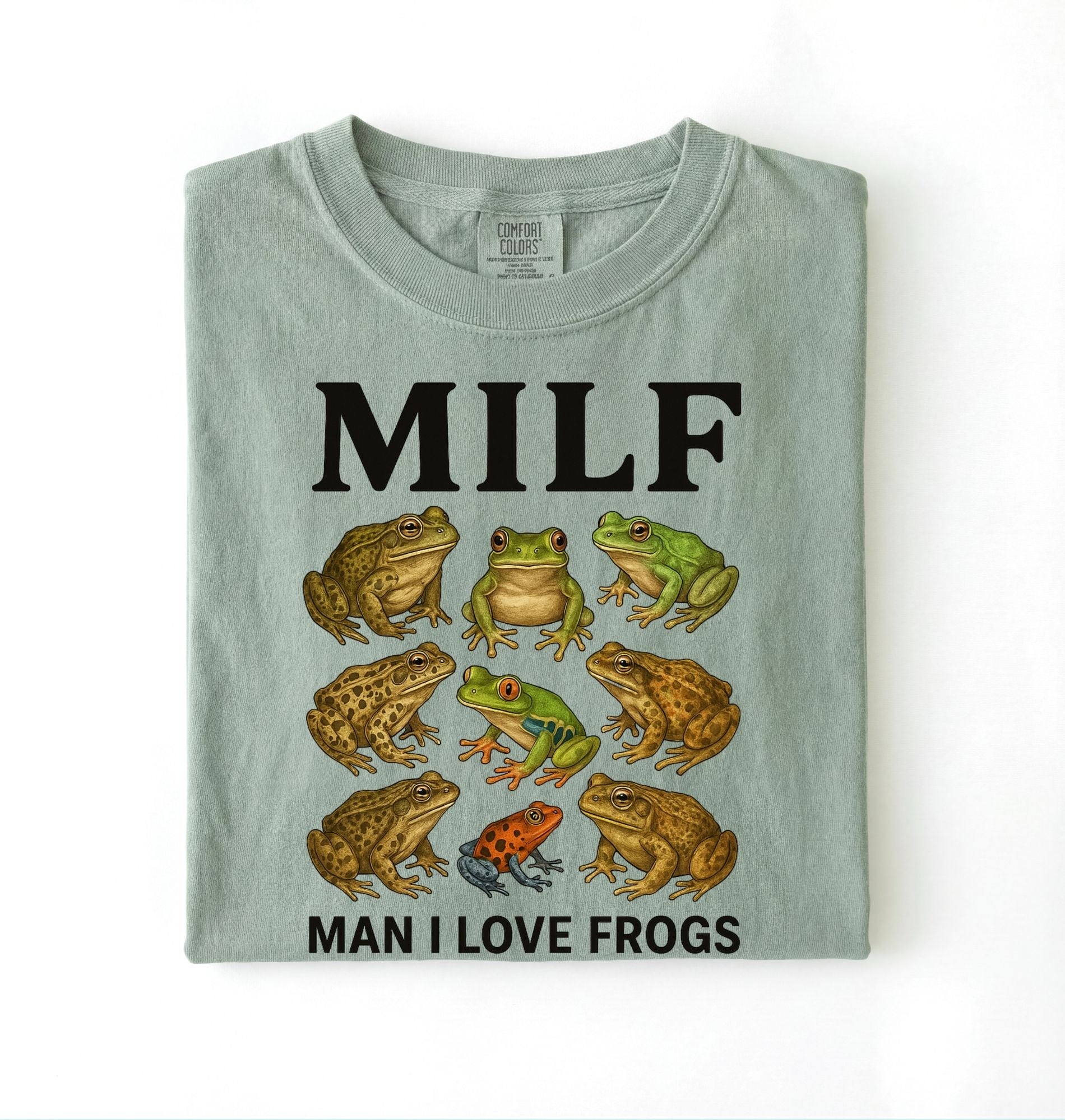 Funny MILF frog shirt with illustrated frogs and Man I Love Frogs text graphic tee