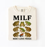 Funny MILF frog shirt with illustrated frogs and Man I Love Frogs text graphic tee