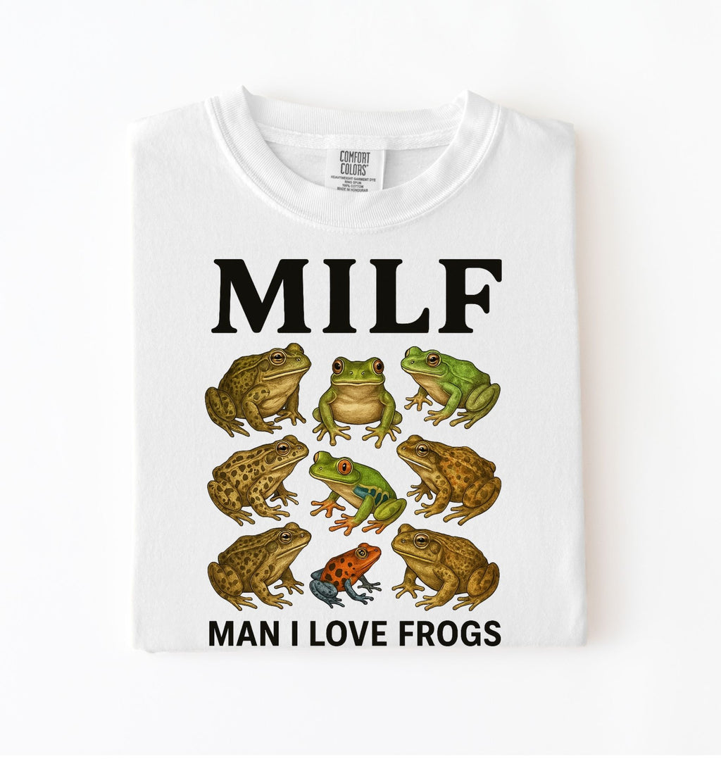 Funny MILF frog shirt with illustrated frogs and Man I Love Frogs text graphic tee