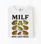 Funny MILF frog shirt with illustrated frogs and Man I Love Frogs text graphic tee
