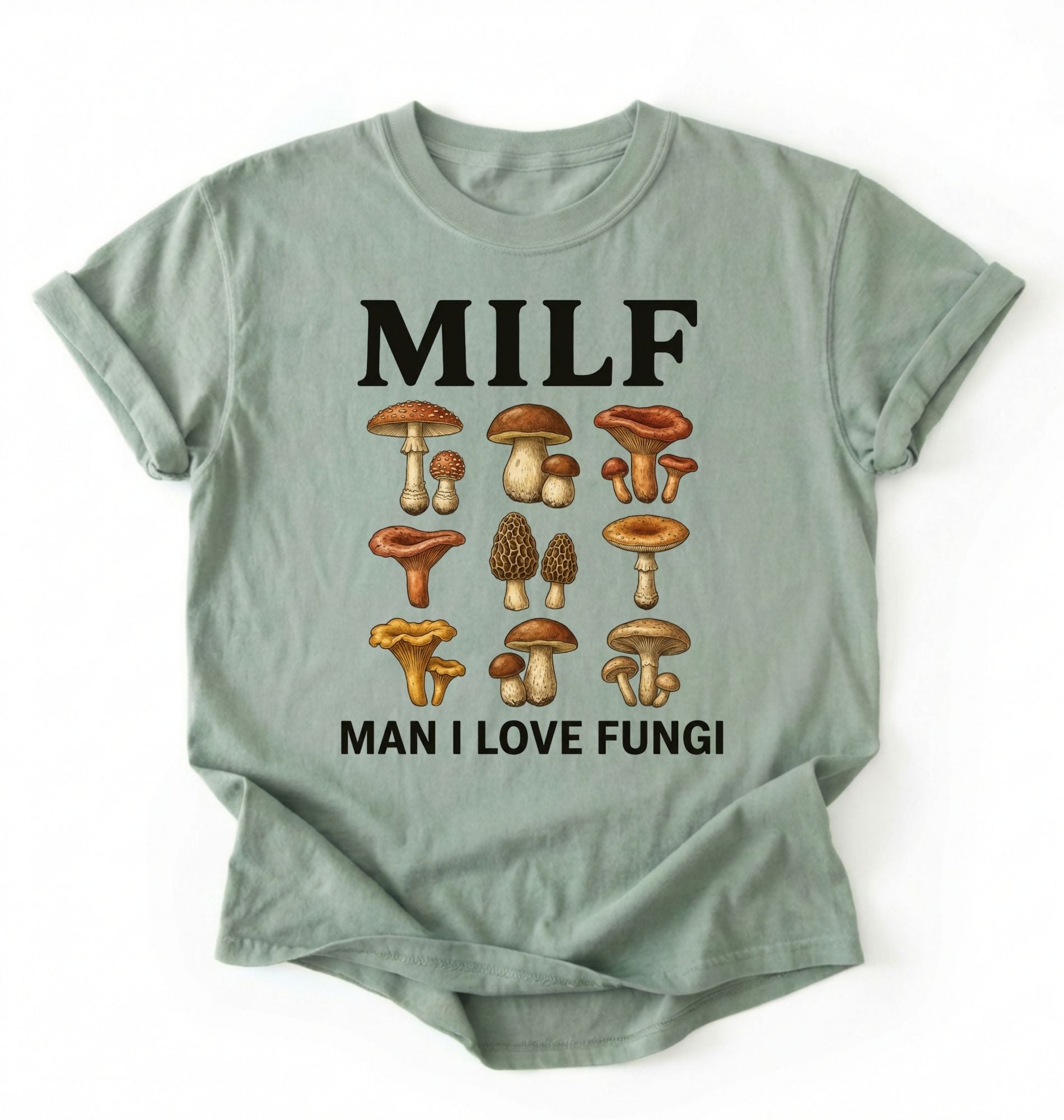 Flat lay of a Funny MILF mushroom shirt with illustrated fungi design gardener gift tee on a white background 