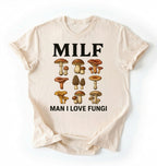 Flat lay of an ivory Natural Funny MILF mushroom shirt with illustrated fungi design gardener gift tee on a white background 