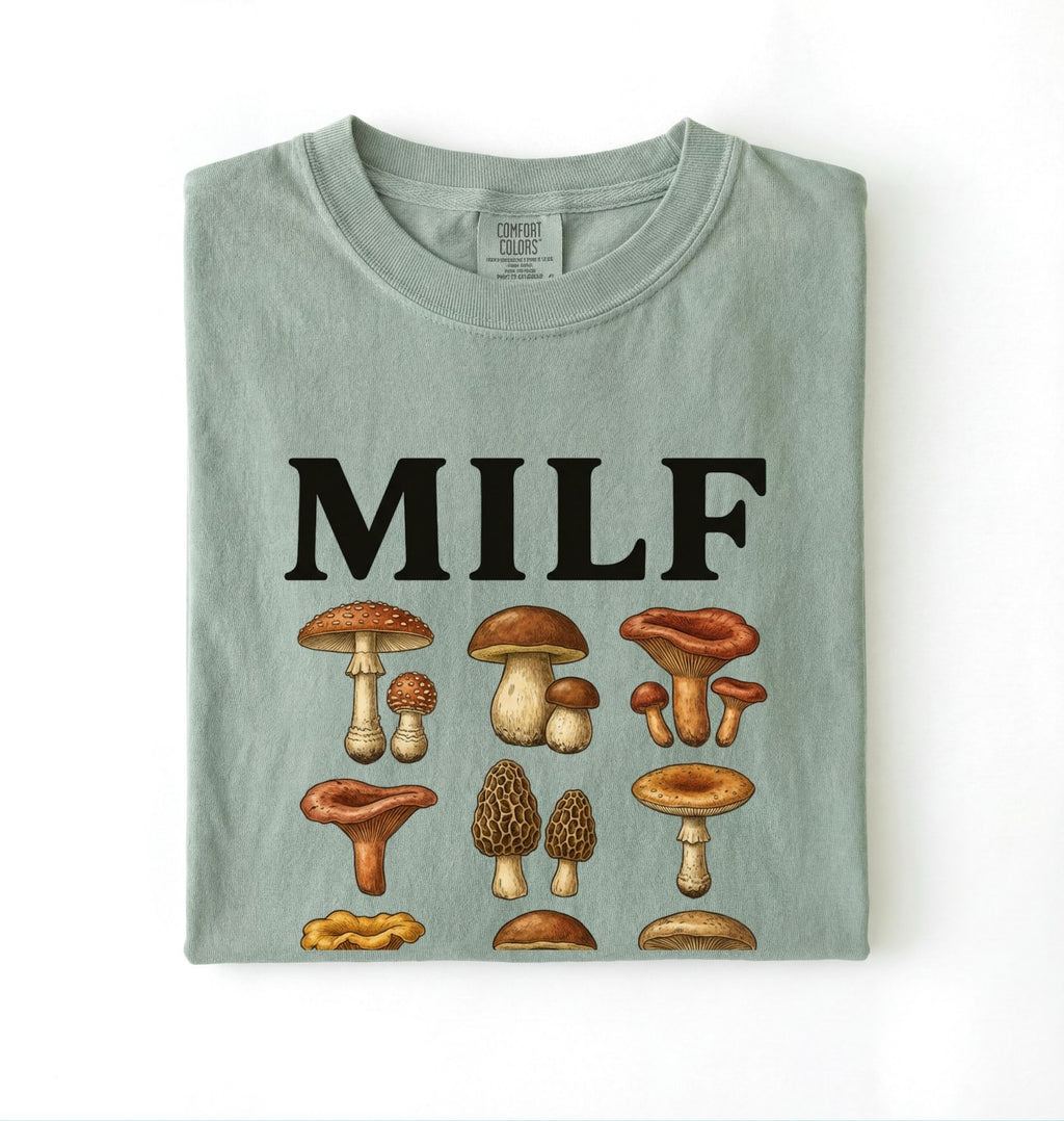 Funny MILF mushroom shirt with illustrated fungi design gardener gift tee