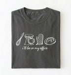 Flat lay of an pepper Minimalist baking shirt with kitchen tools line art and ill be in my office text perfect gift for bakers on a white background 