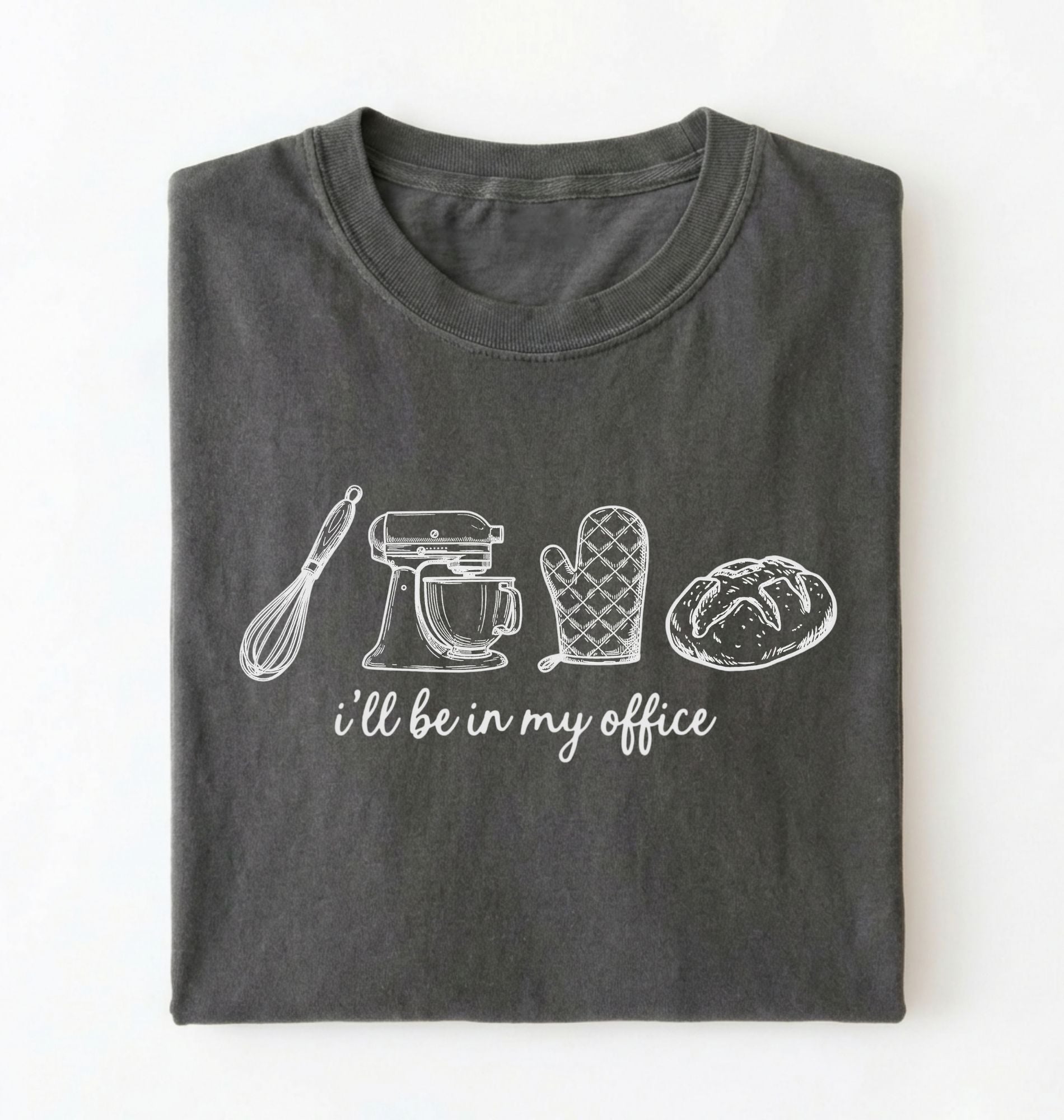 Flat lay of an pepper Minimalist baking shirt with kitchen tools line art and ill be in my office text perfect gift for bakers on a white background 