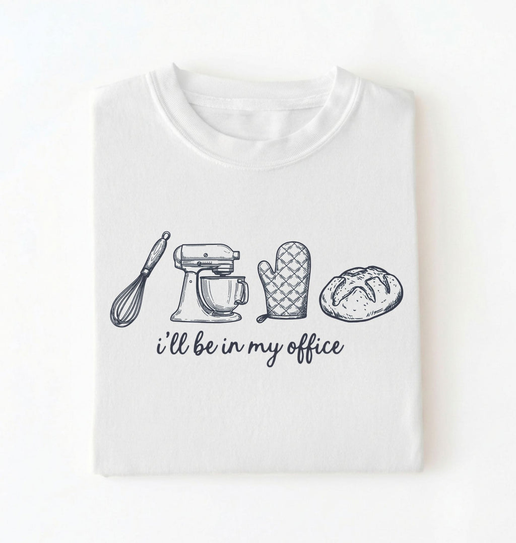 Flat lay of an white Minimalist baking shirt with kitchen tools line art and ill be in my office text perfect gift for bakers on a white background 