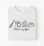 Flat lay of an white Minimalist baking shirt with kitchen tools line art and ill be in my office text perfect gift for bakers on a white background 