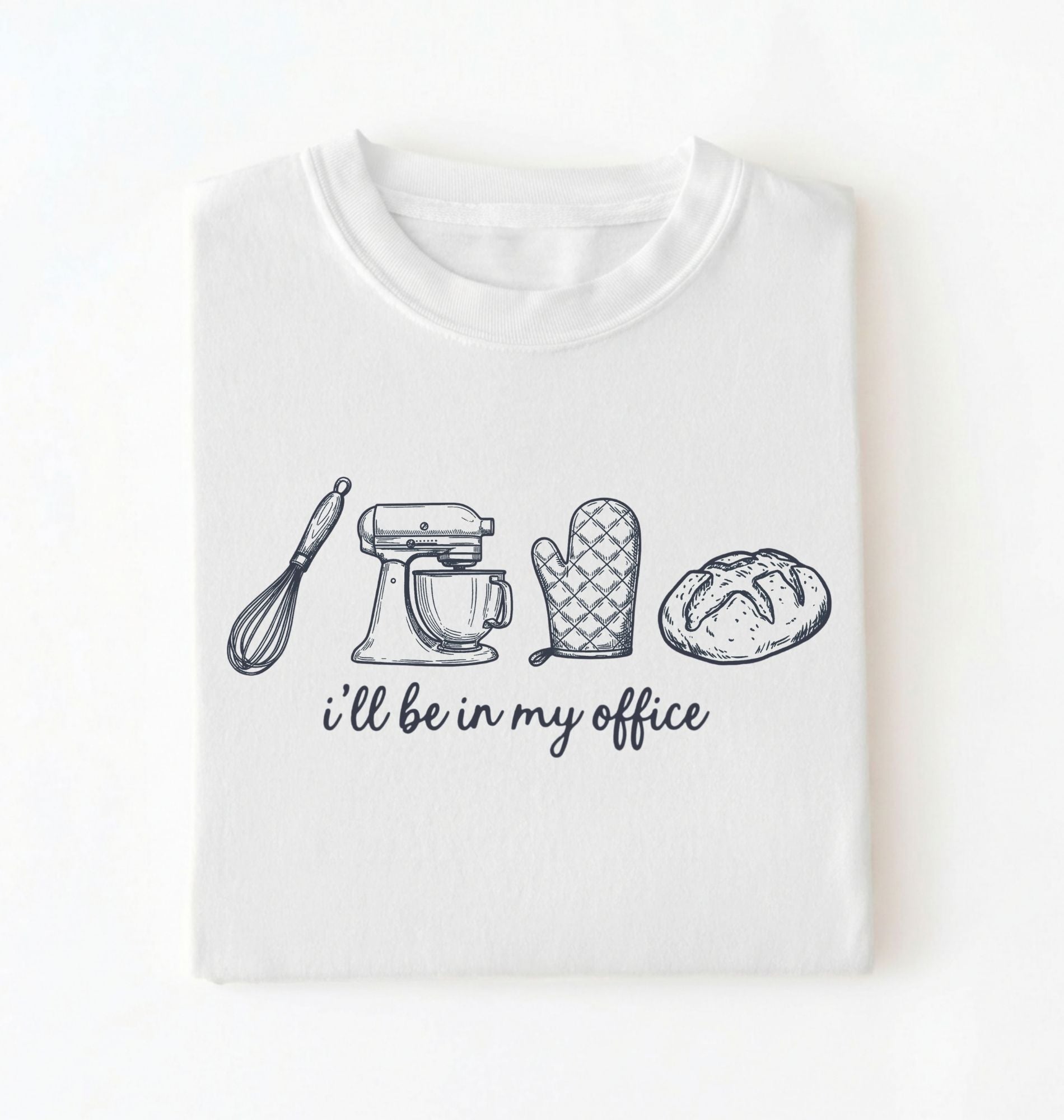 Flat lay of an white Minimalist baking shirt with kitchen tools line art and ill be in my office text perfect gift for bakers on a white background 