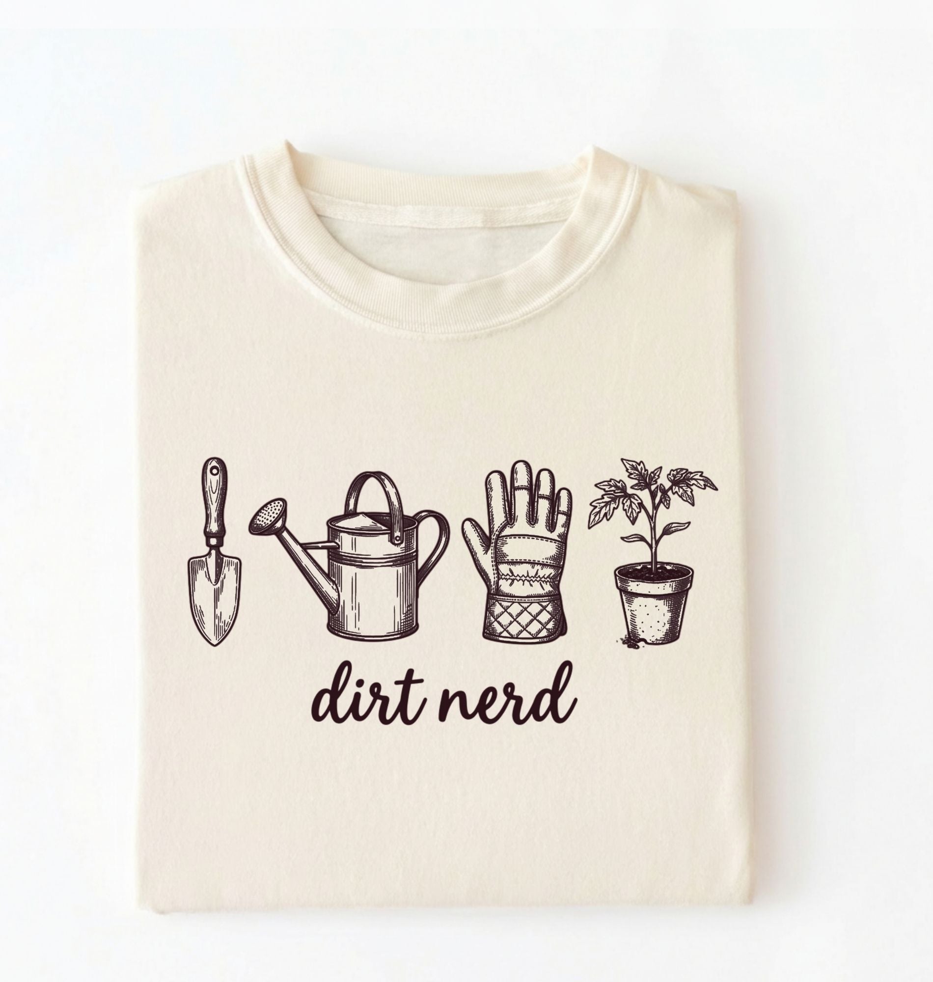 Flat lay of an ivory Minimalist dirt nerd shirt with garden tools design perfect gift for plant lovers and gardeners on a white background 