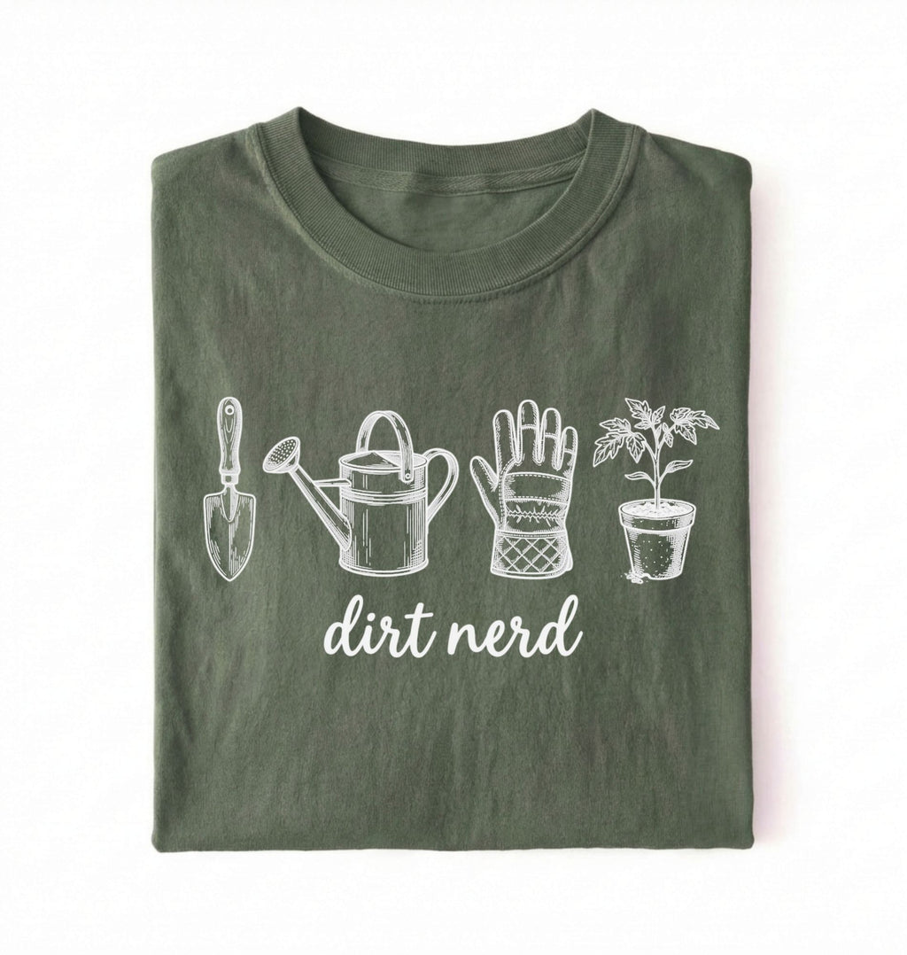 Flat lay of an military green Minimalist dirt nerd shirt with garden tools design perfect gift for plant lovers and gardeners on a white background