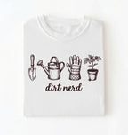 Flat lay of a white Minimalist dirt nerd shirt with garden tools design perfect gift for plant lovers and gardeners on a white background