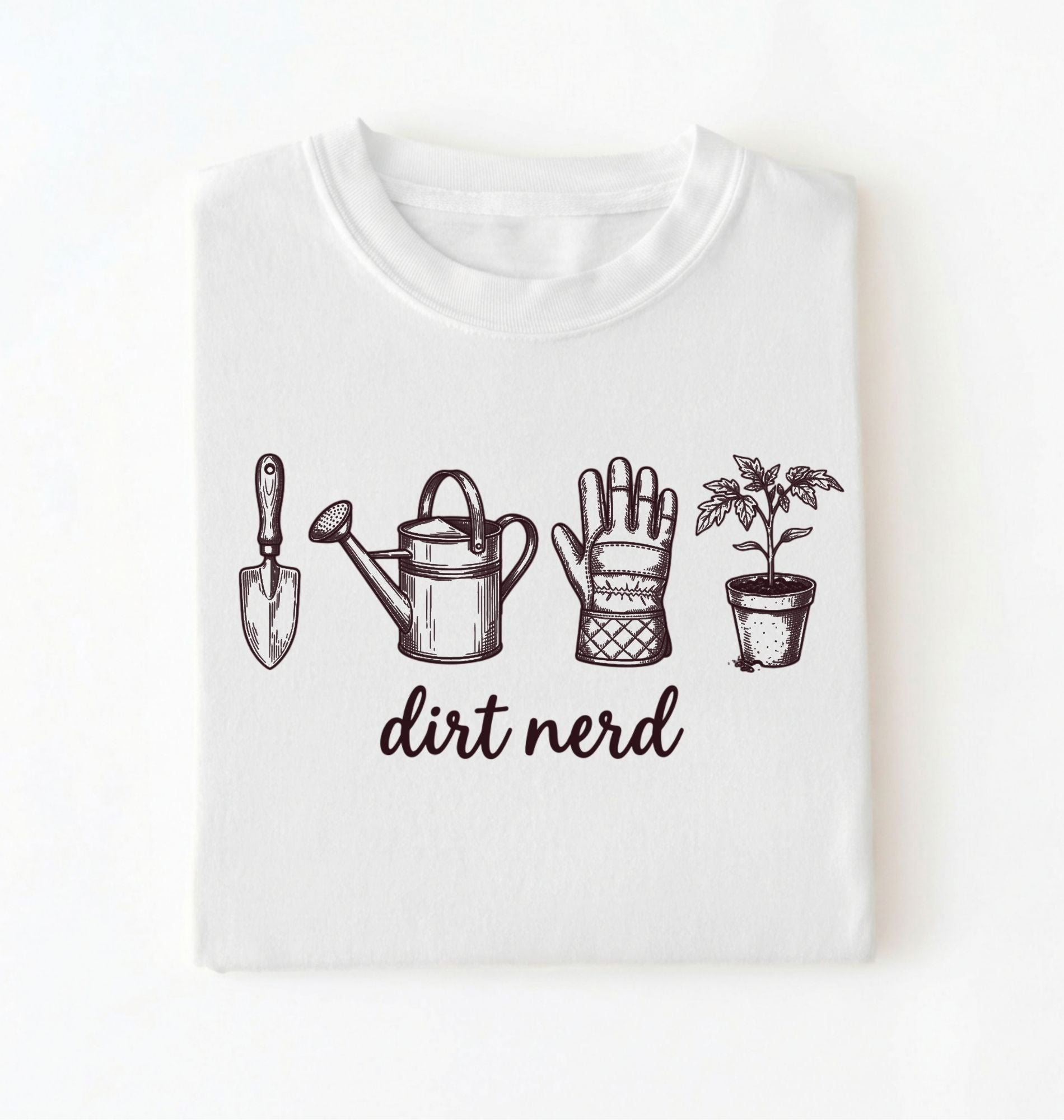Flat lay of a white Minimalist dirt nerd shirt with garden tools design perfect gift for plant lovers and gardeners on a white background