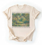 Flat lay ivory shirt Money doesn’t buy happiness but it buys plants t-shirt, funny quote tee for plant lovers on a white background