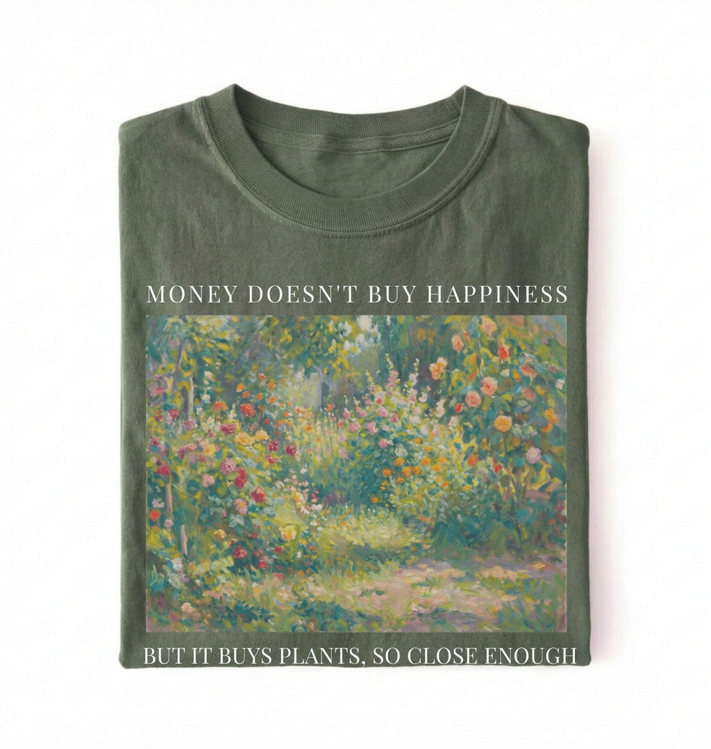 Flat lay moss shirt Money doesn’t buy happiness but it buys plants t-shirt, funny quote tee for plant lovers on a white background
