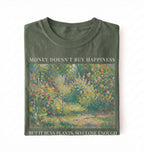 Flat lay moss shirt Money doesn’t buy happiness but it buys plants t-shirt, funny quote tee for plant lovers on a white background