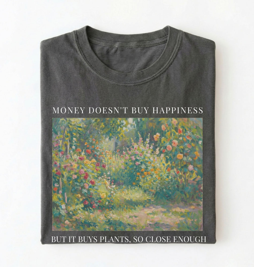 Flat lay pepper shirt written Money doesn’t buy happiness but it buys plants t-shirt, funny quote tee for plant lovers on a white background 
