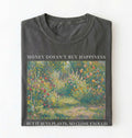 Flat lay pepper shirt written Money doesn’t buy happiness but it buys plants t-shirt, funny quote tee for plant lovers on a white background 