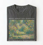 Flat lay pepper shirt written Money doesn’t buy happiness but it buys plants t-shirt, funny quote tee for plant lovers on a white background 