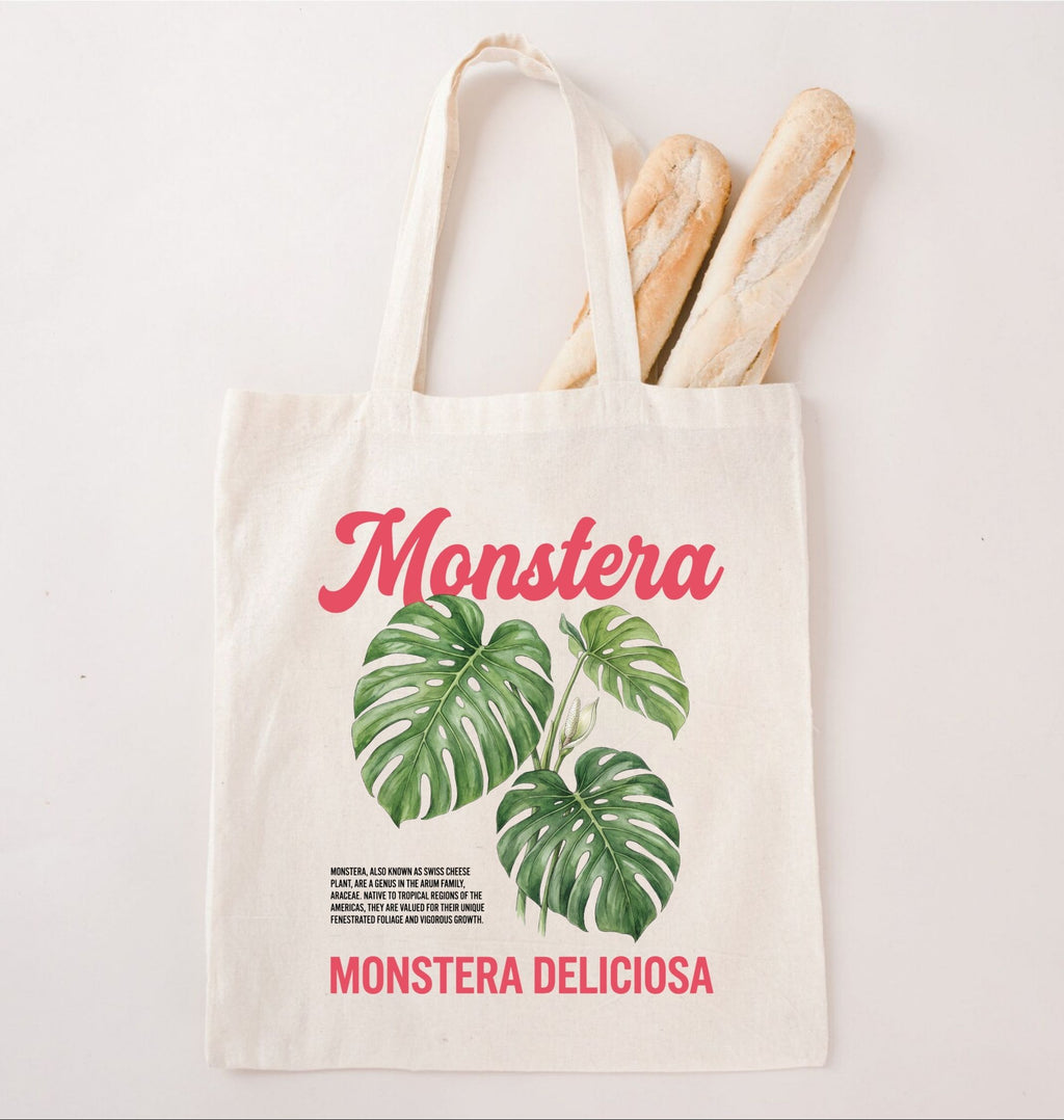 Monstera plant tote bag featuring botanical Monstera Deliciosa leaf illustration