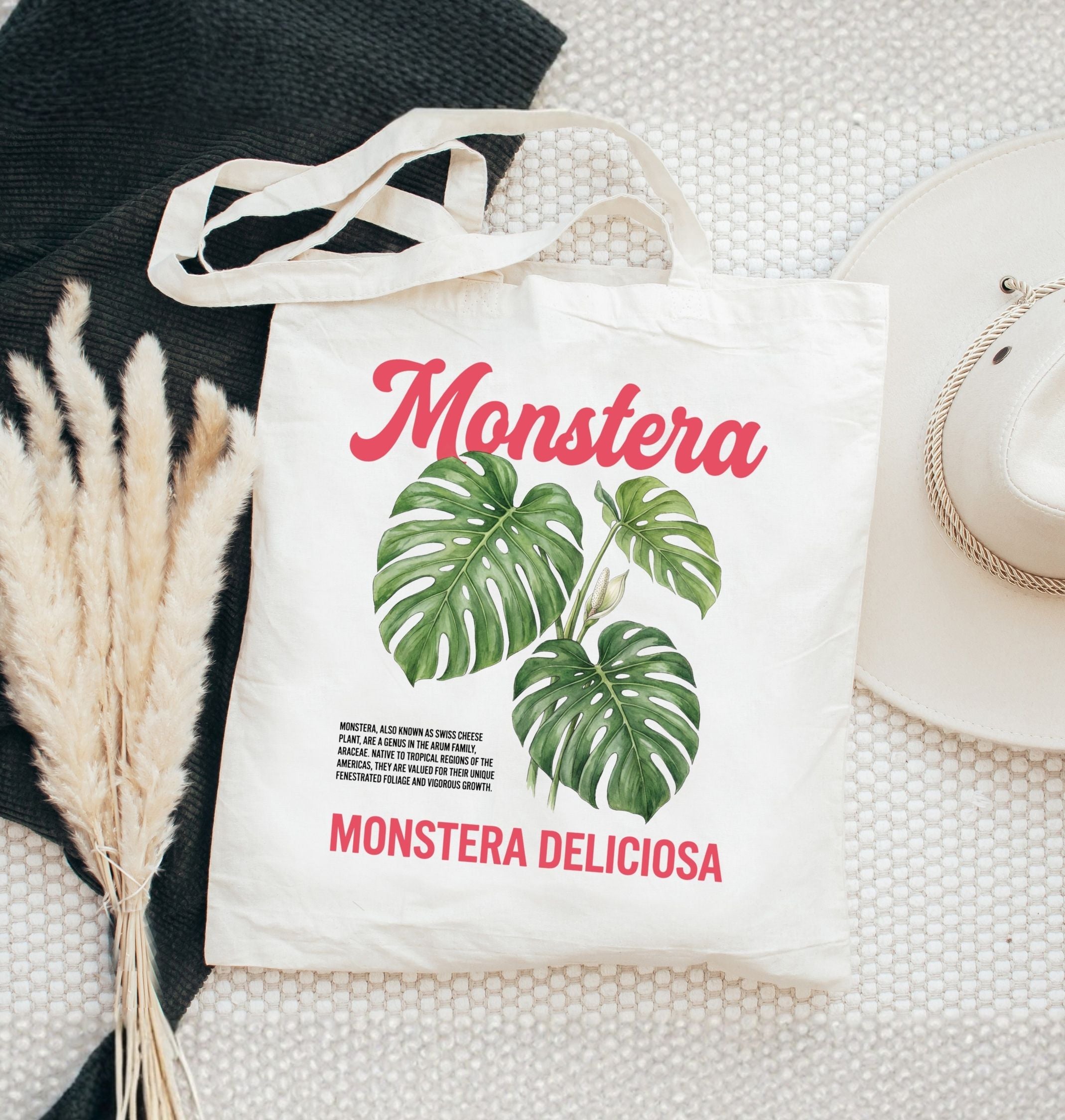Monstera plant tote bag featuring botanical Monstera Deliciosa leaf illustration on white background