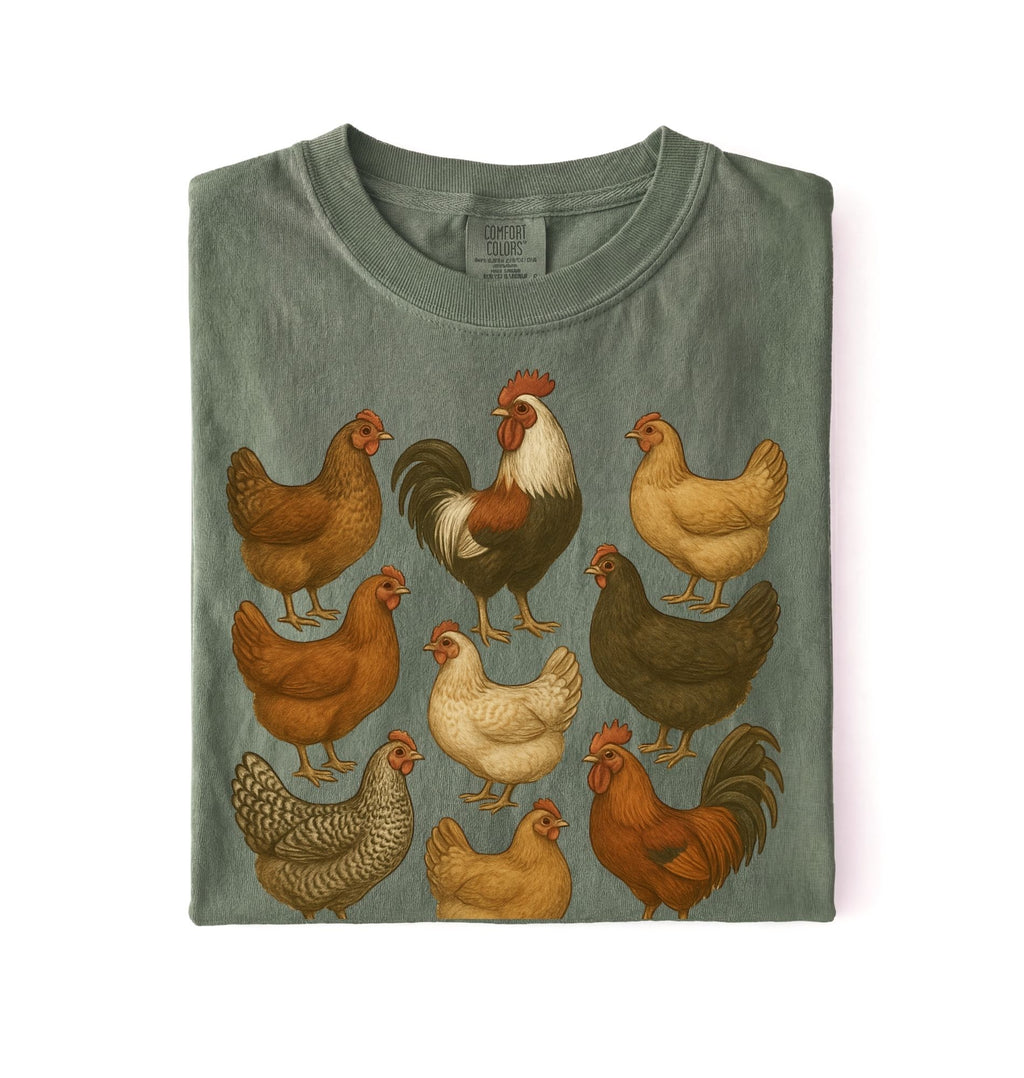Vintage chicken breeds illustration shirt featuring colorful hens and roosters, perfect gift for chicken lovers and gardeners