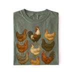 Vintage chicken breeds illustration shirt featuring colorful hens and roosters, perfect gift for chicken lovers and gardeners