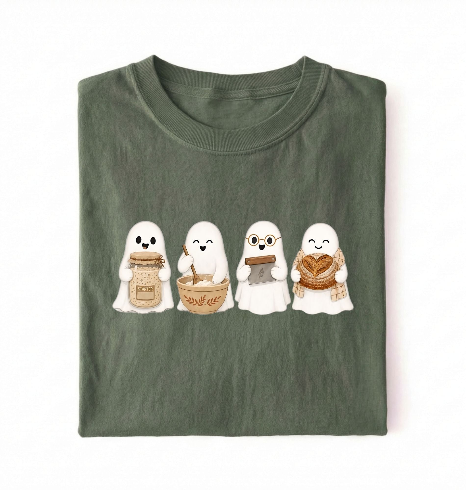 Ghost Baking Crew T‑Shirt, Cute Ghosts with Bread, Pastry & Coffee