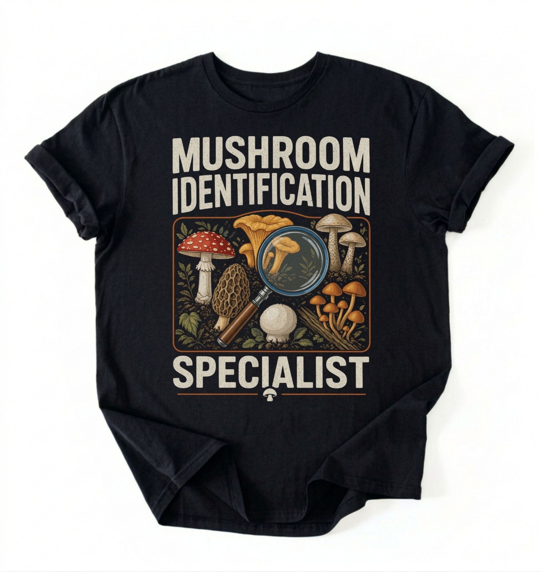 Flat lay of a black mushroom identification specialist shirt black funny foraging t shirt fungi lover gift nature hiking design on a white background 