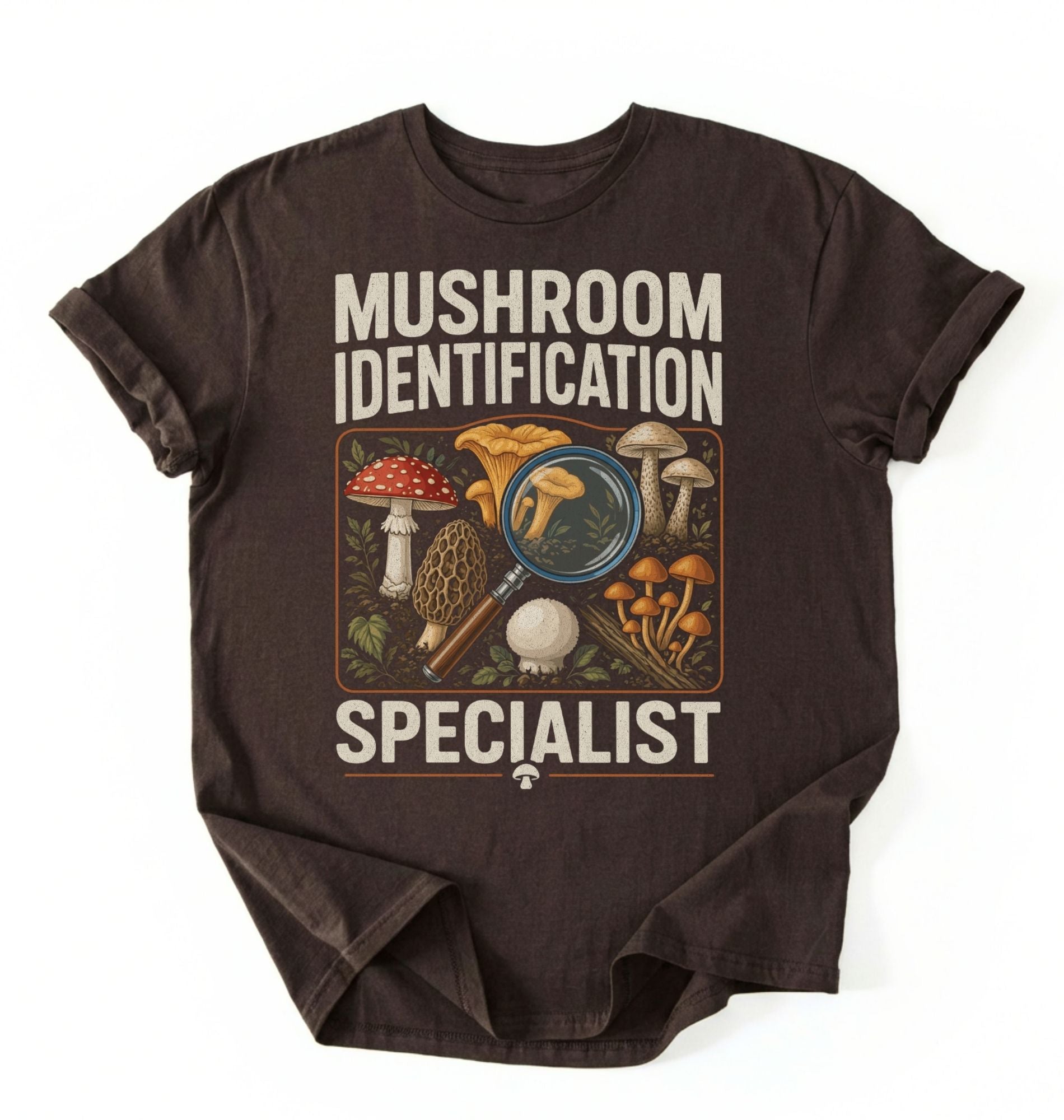 Flat lay of a brown mushroom identification specialist shirt black funny foraging t shirt fungi lover gift nature hiking design on a white background 