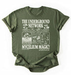 Flat lay of a MilitaryGreen t-shirt featuring Mycelium network mushroom and root network illustrations with text reading “The Underground Network Mycelium Magic” with forest fungi design perfect gift for mushroom lovers nature fans and cottagecore style on a white background 