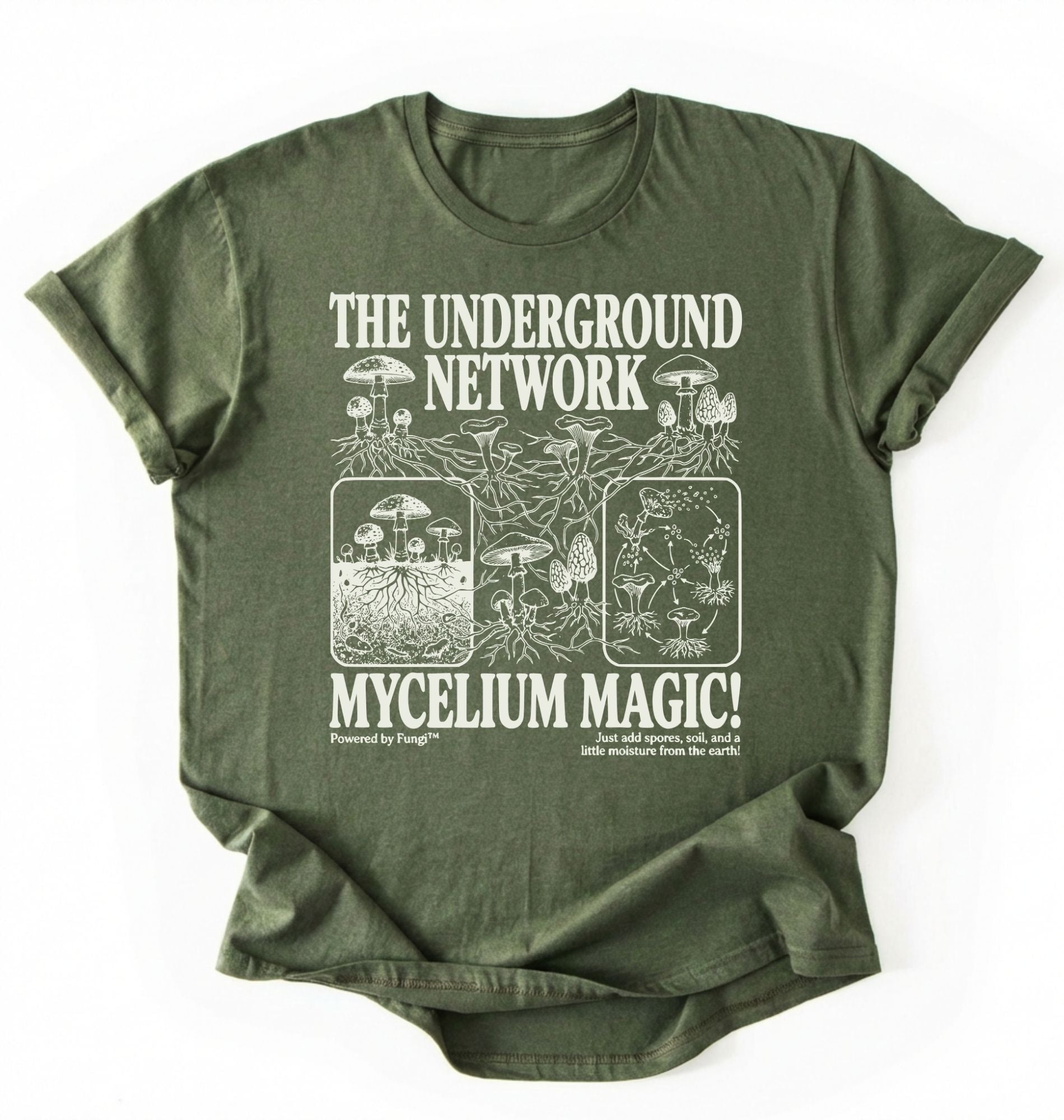 Flat lay of a MilitaryGreen t-shirt featuring Mycelium network mushroom and root network illustrations with text reading “The Underground Network Mycelium Magic” with forest fungi design perfect gift for mushroom lovers nature fans and cottagecore style on a white background 