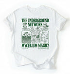 Flat lay of a white t-shirt featuring Mycelium network mushroom and root network illustrations with text reading “The Underground Network Mycelium Magic” with forest fungi design perfect gift for mushroom lovers nature fans and cottagecore style on a white background 