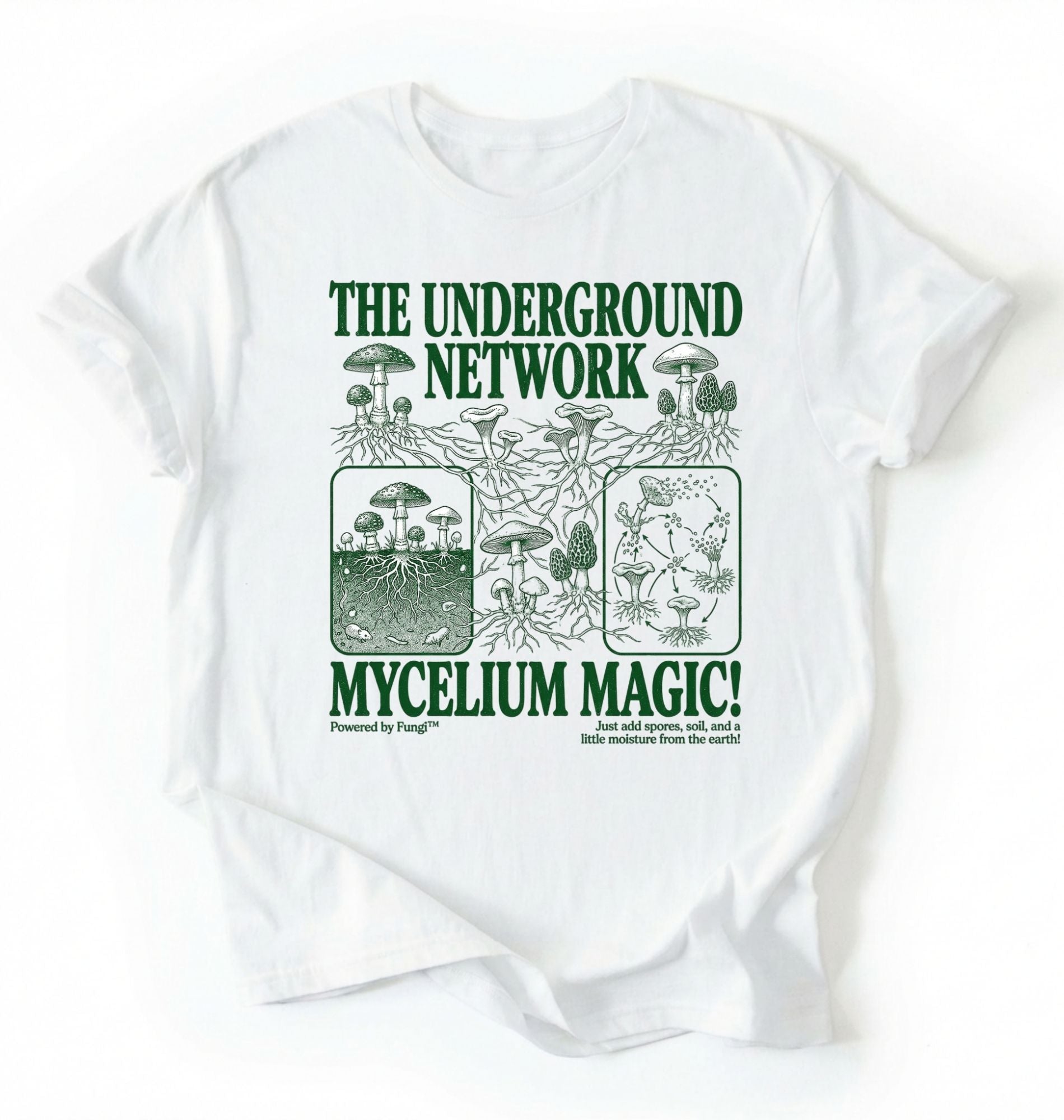 Flat lay of a white t-shirt featuring Mycelium network mushroom and root network illustrations with text reading “The Underground Network Mycelium Magic” with forest fungi design perfect gift for mushroom lovers nature fans and cottagecore style on a white background 