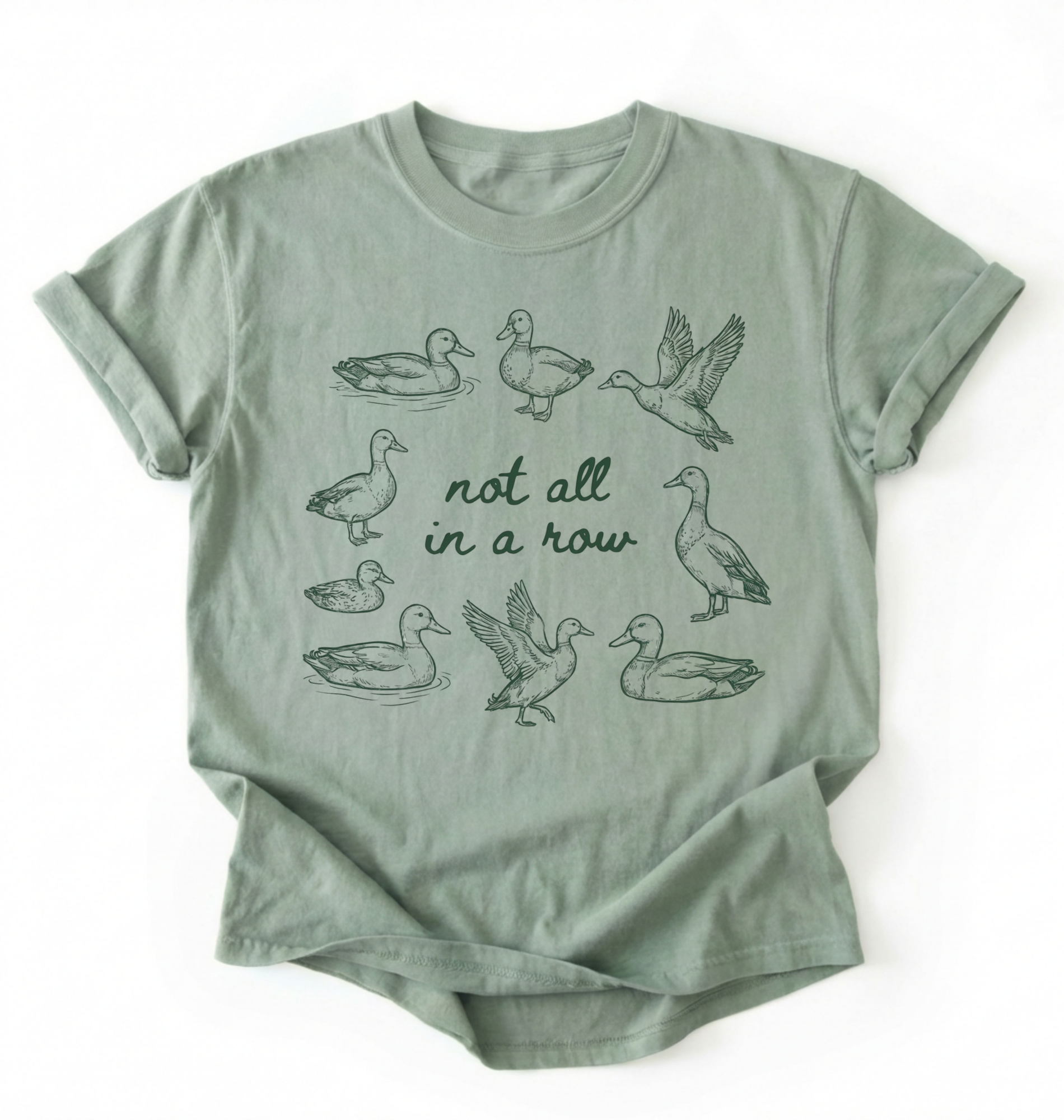 Flat lay of an bay duck graphic t-shirt with hand drawn ducks and not all in a row text, funny animal shirt gift on a white background 