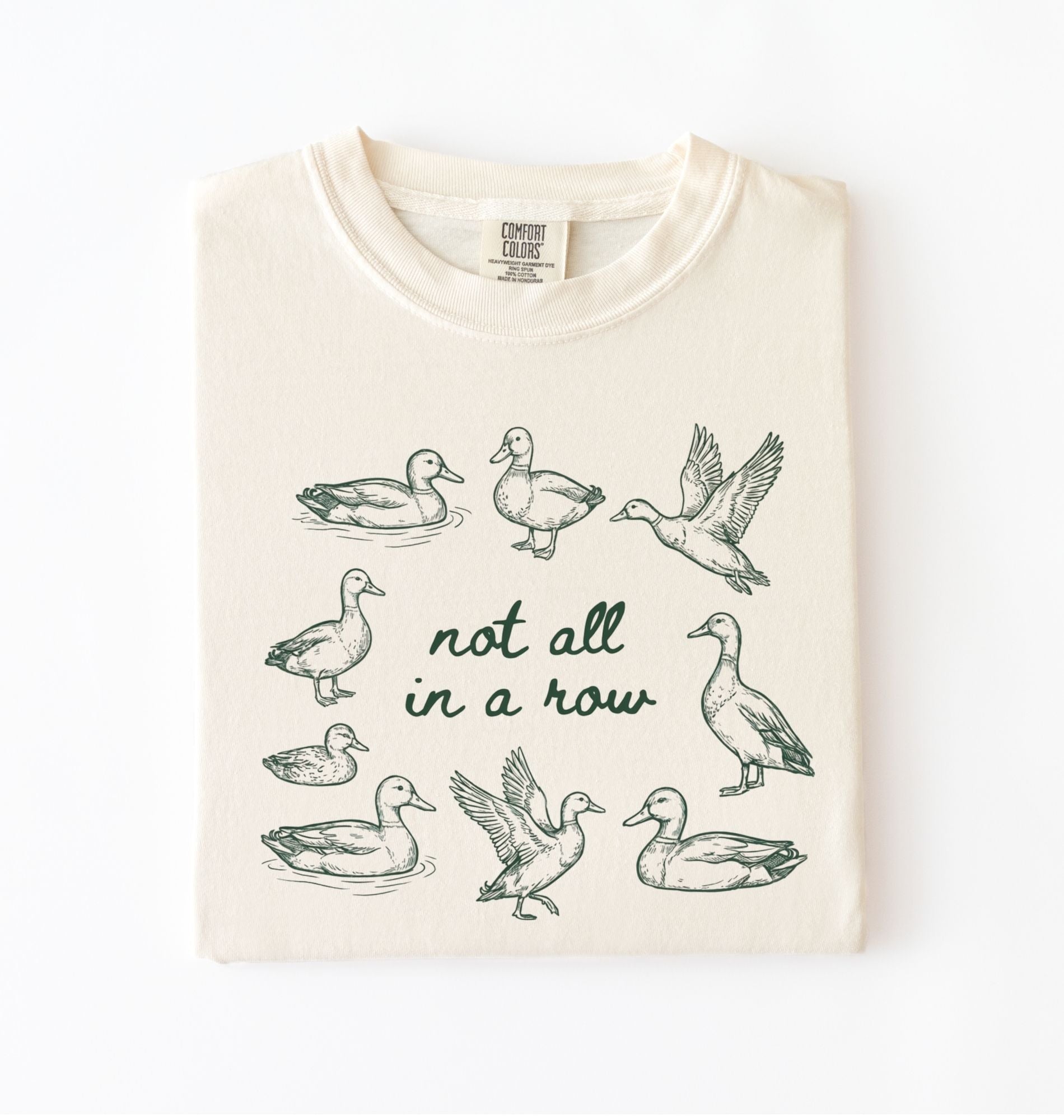 Ivory duck graphic t-shirt with hand drawn ducks and not all in a row text, funny animal shirt gift
