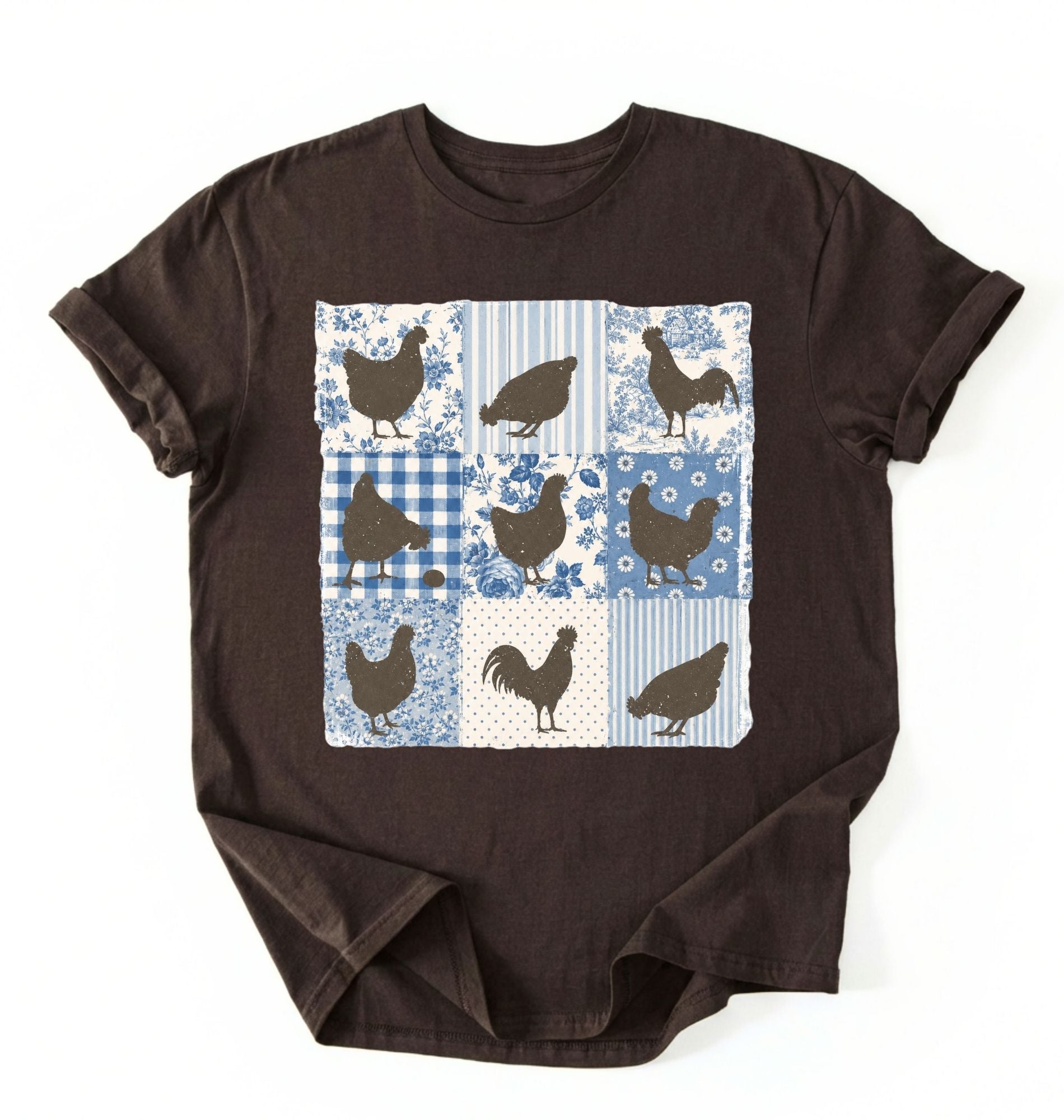 Flat lay of a brown patchwork chicken shirt grey cottagecore chicken lover t shirt farmhouse aesthetic gift design on a white background