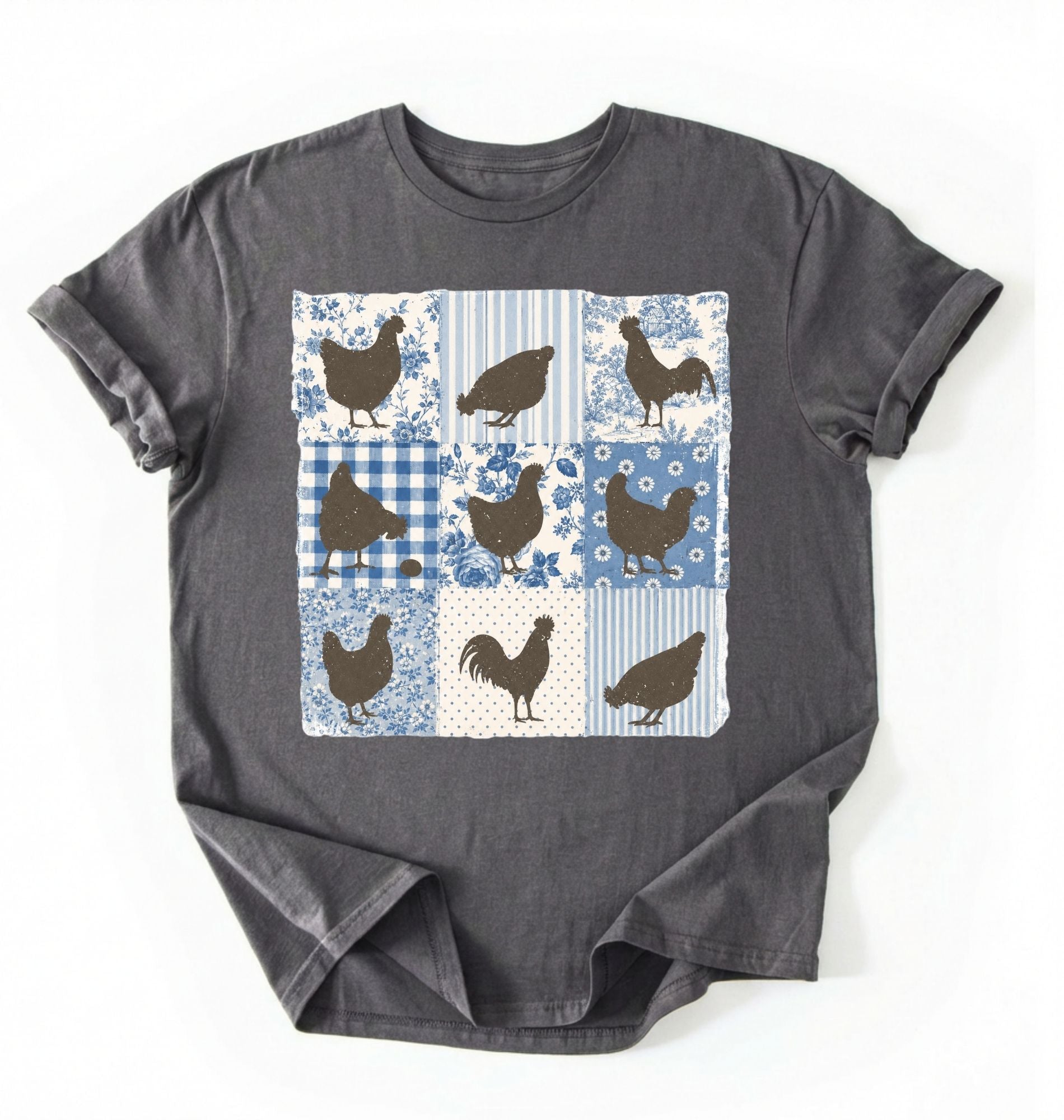 Flat lay of a charcoal patchwork chicken shirt grey cottagecore chicken lover t shirt farmhouse aesthetic gift design on a white background
