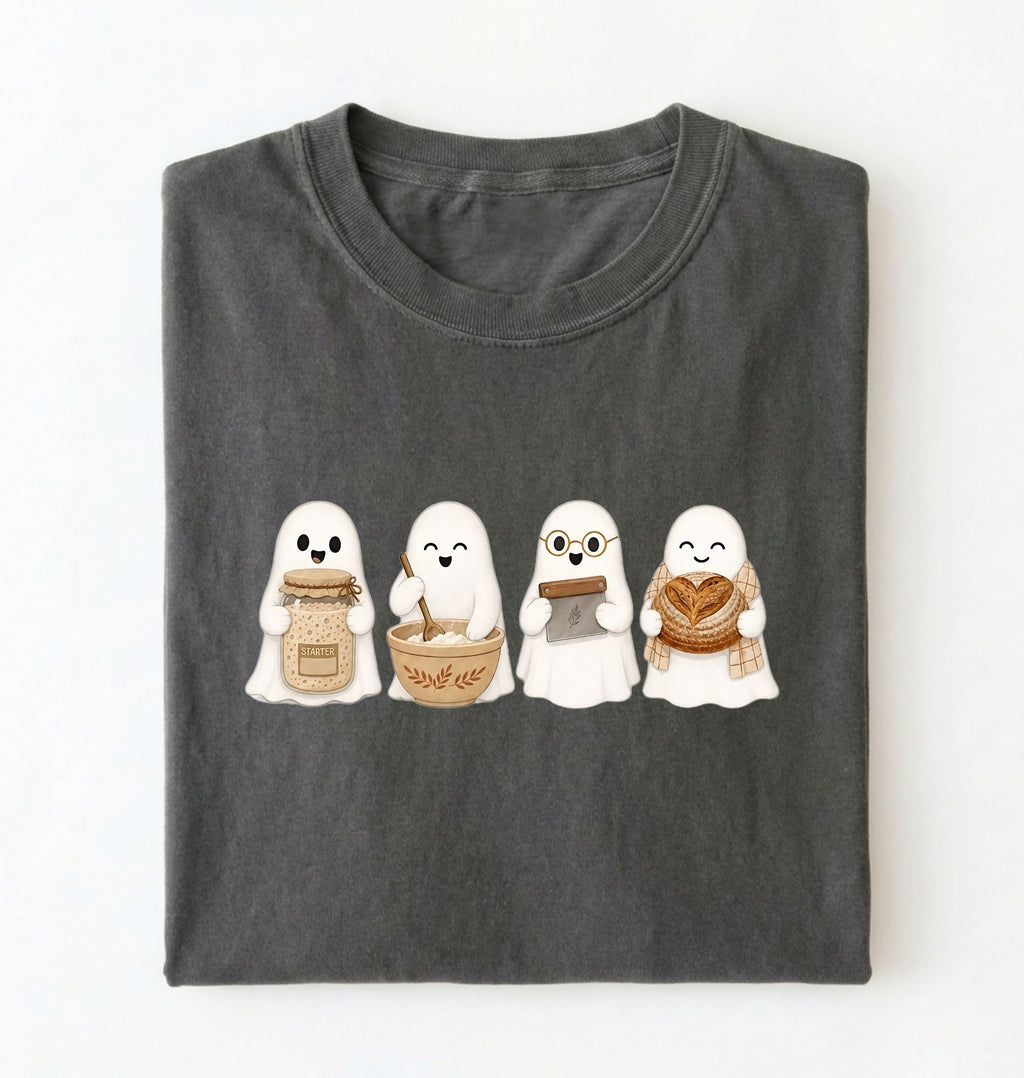 Ghost Baking Crew T‑Shirt, Cute Ghosts with Bread, Pastry & Coffee