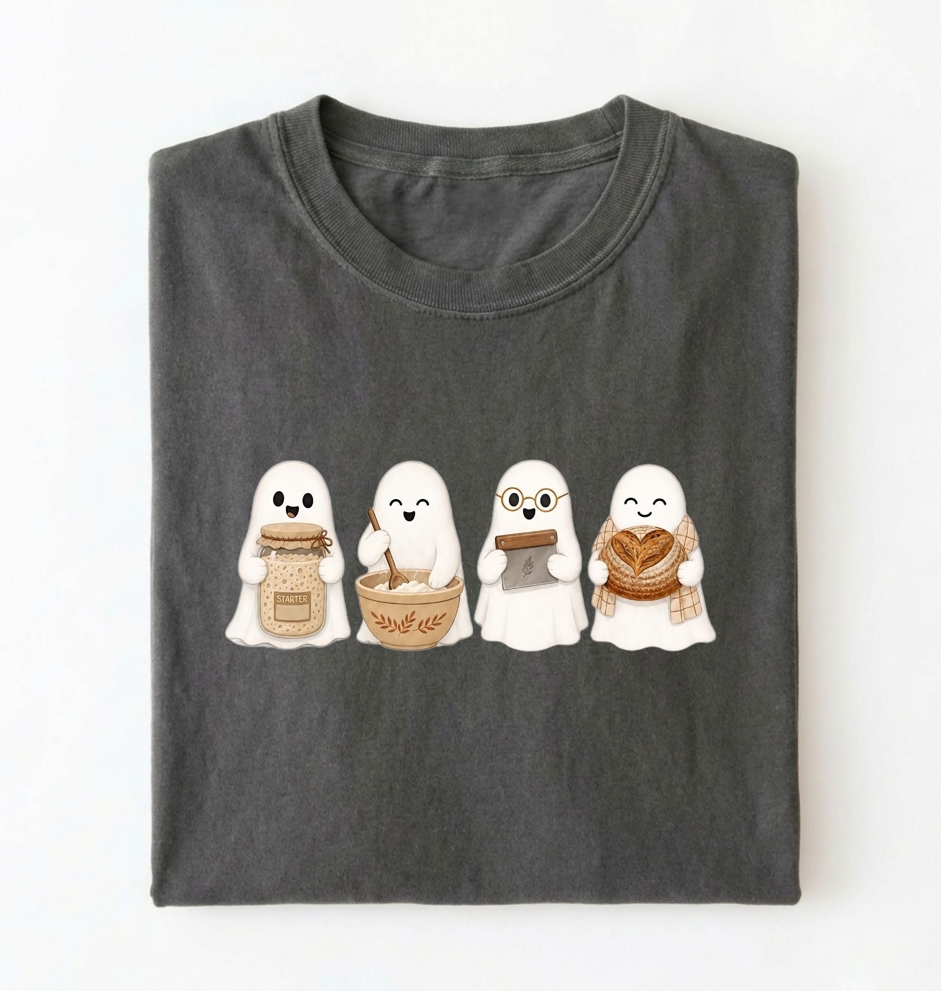Ghost Baking Crew T‑Shirt, Cute Ghosts with Bread, Pastry & Coffee