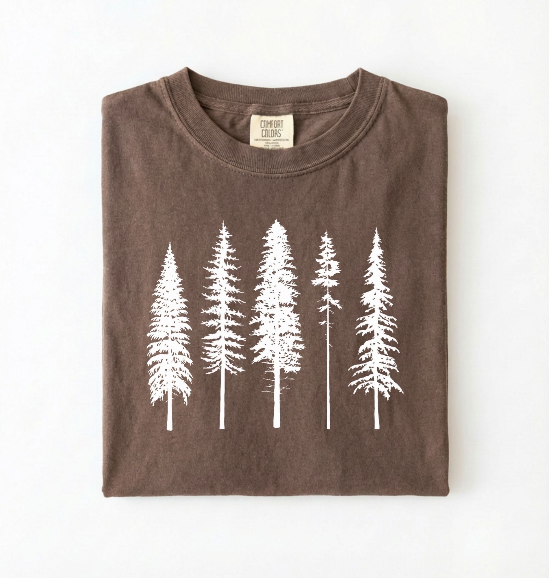 Espresso t-shirt with white pine tree forest graphic, minimalist nature design for hiking and outdoor lovers